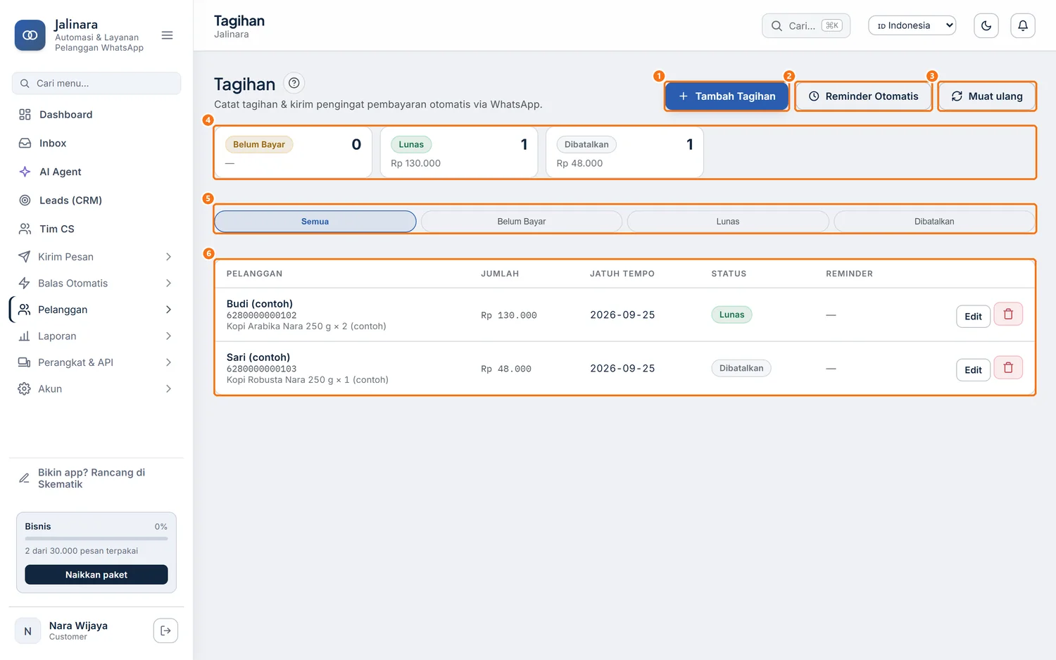 Halaman Tagihan dengan tombol Reminder Otomatis, chip status, dan tabel tagihan