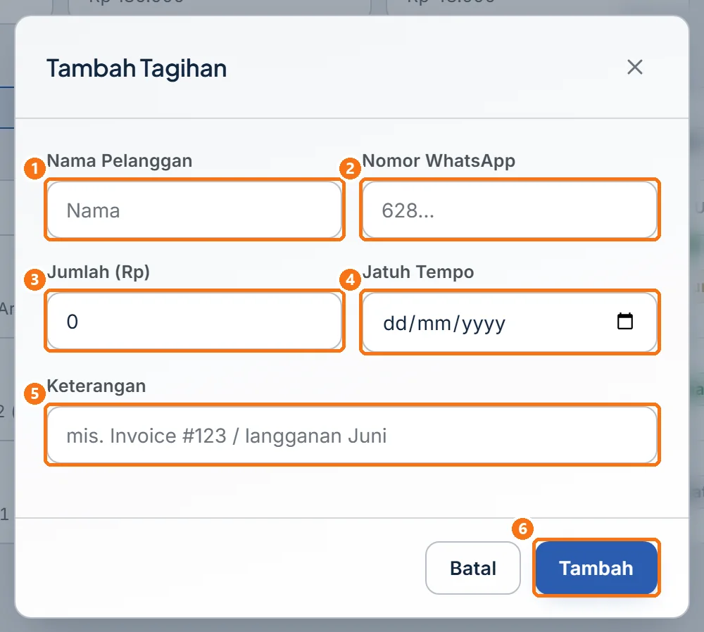 Jendela Tambah Tagihan sebelum diisi