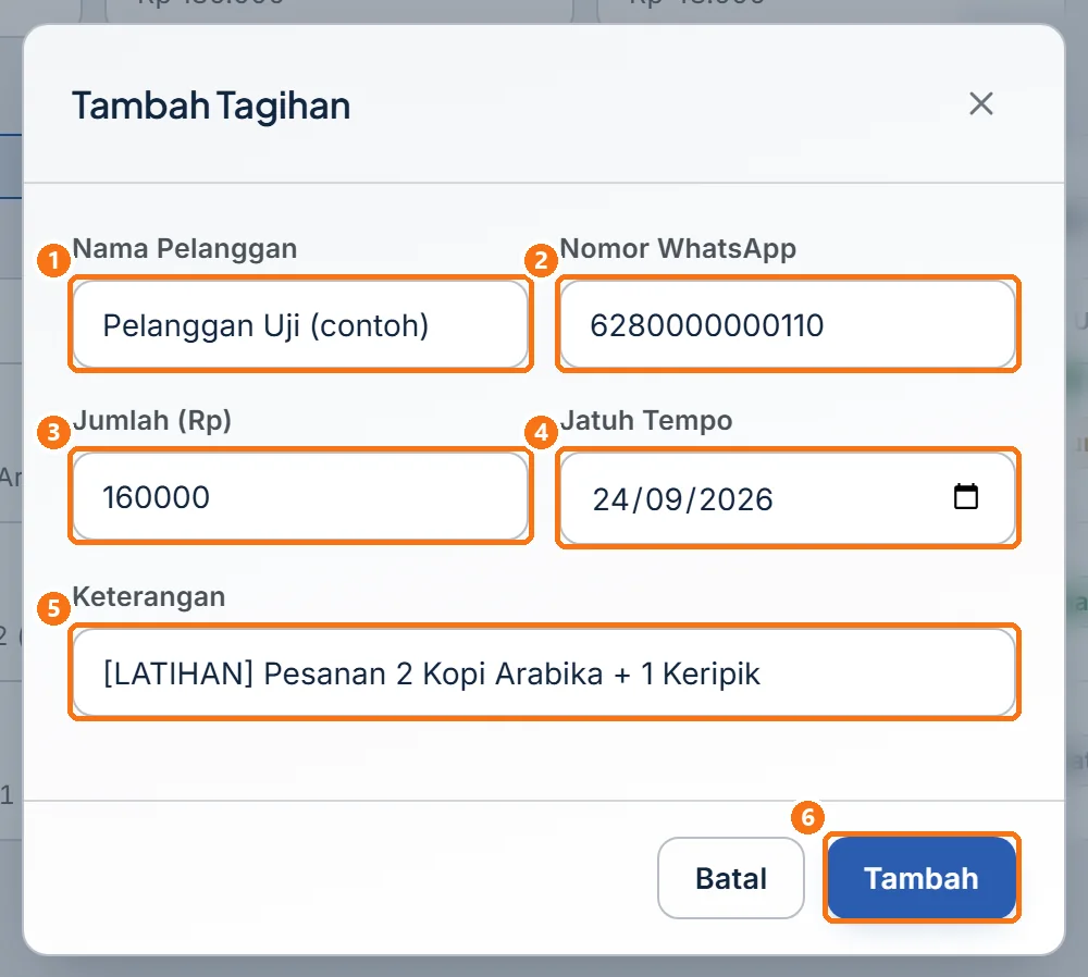Jendela Tambah Tagihan yang sudah terisi data tagihan uji