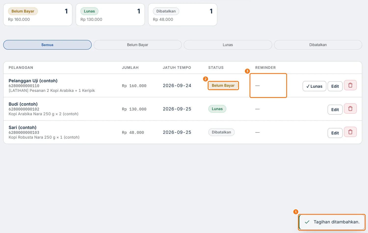 Tabel Tagihan dengan notifikasi Tagihan ditambahkan dan baris baru berstatus Belum Bayar