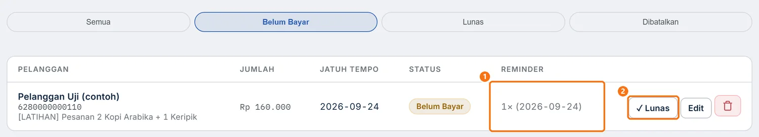 Tabel Tagihan setelah pengingat terkirim, dengan kolom Reminder terisi