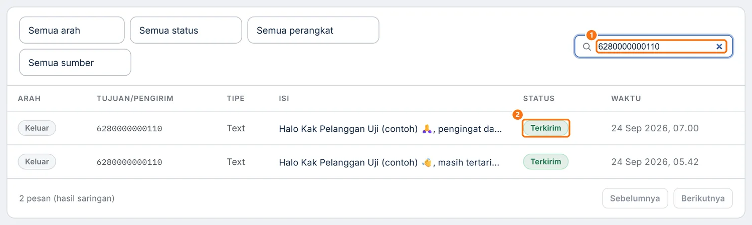 Log Pesan yang disaring nomor uji, berisi pesan pengingat tagihan