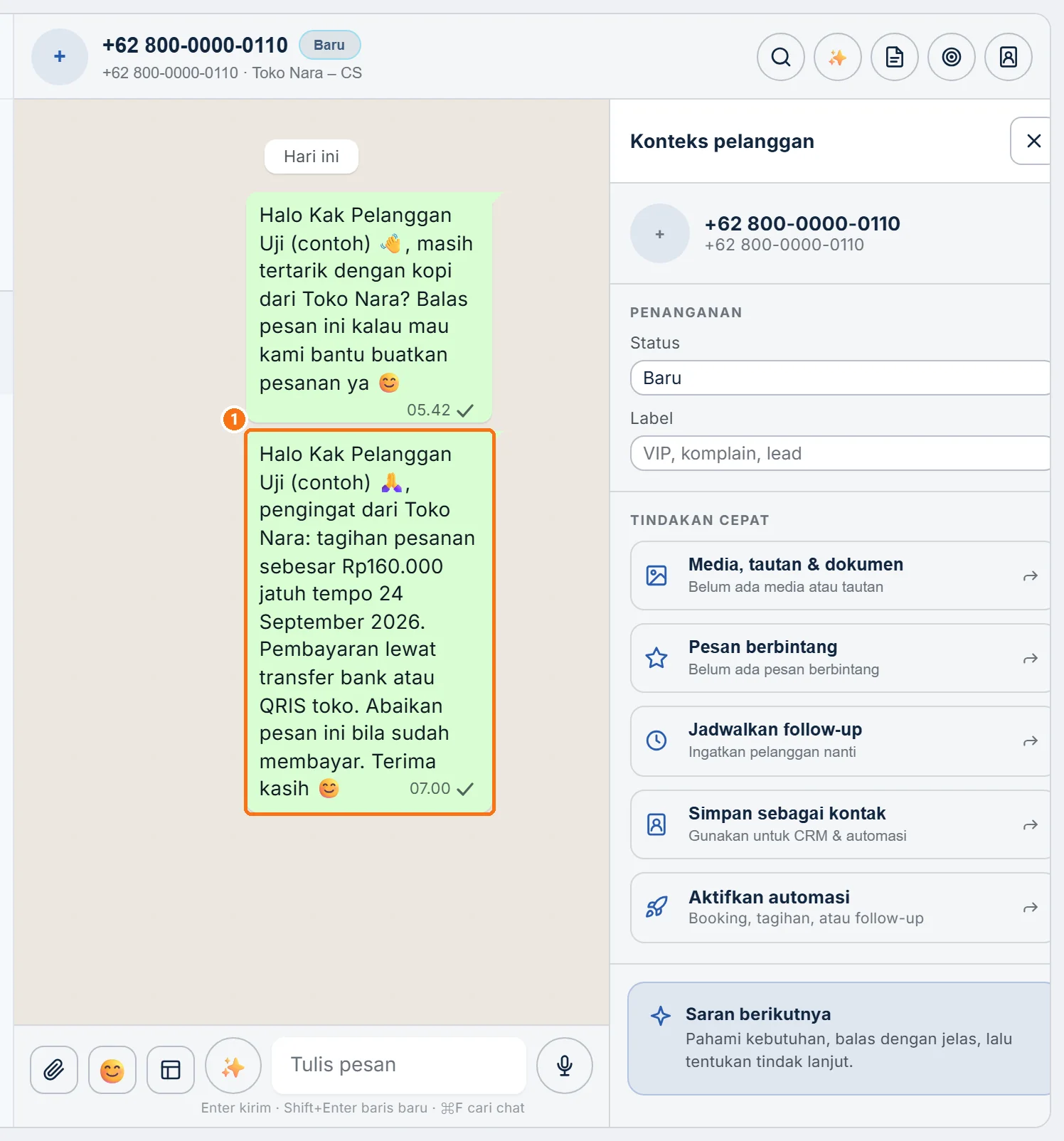 Percakapan nomor uji di Inbox berisi pesan pengingat tagihan