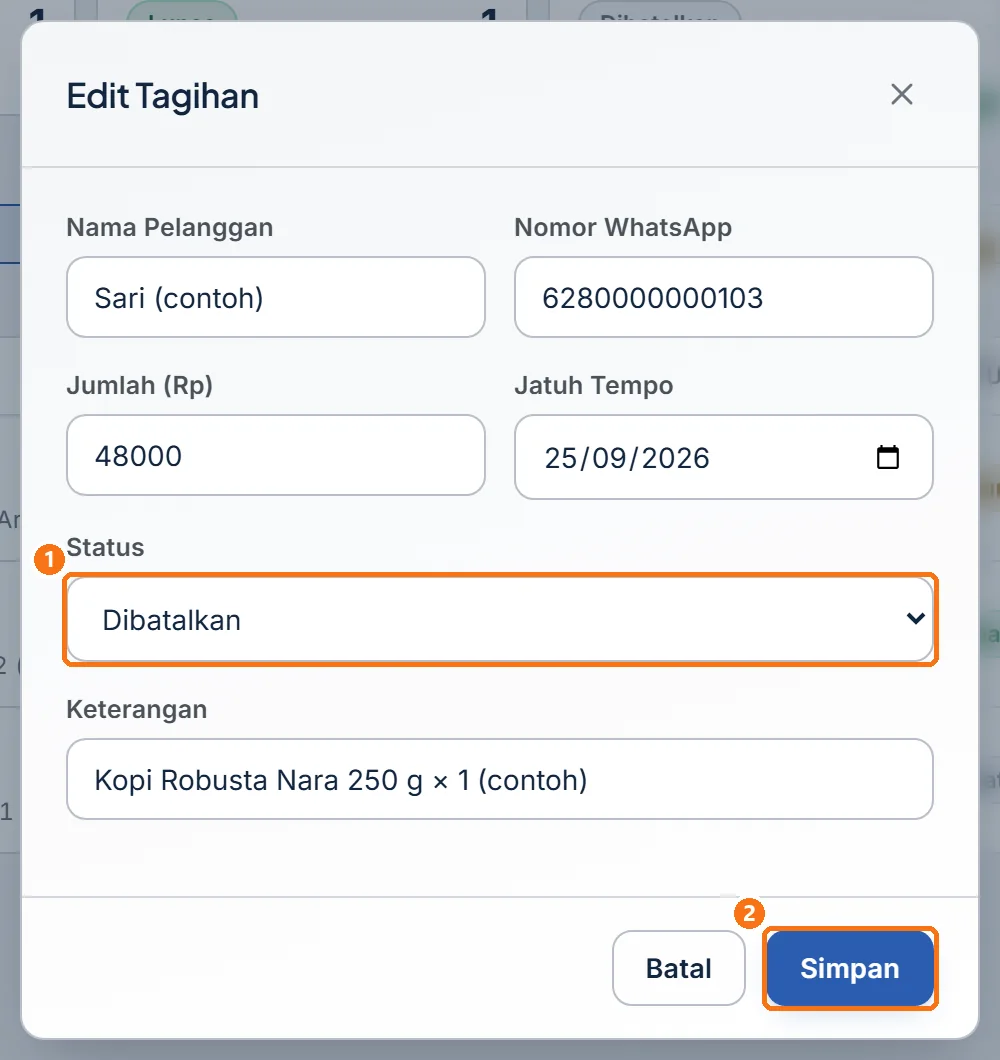 Jendela Edit Tagihan dengan Status Dibatalkan dipilih