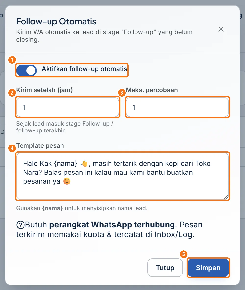 Jendela Follow-up Otomatis terisi nilai uji, sakelar menyala, siap disimpan