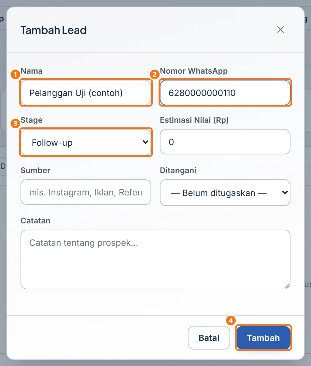 Jendela Tambah Lead berisi nama, nomor, dan Stage Follow-up