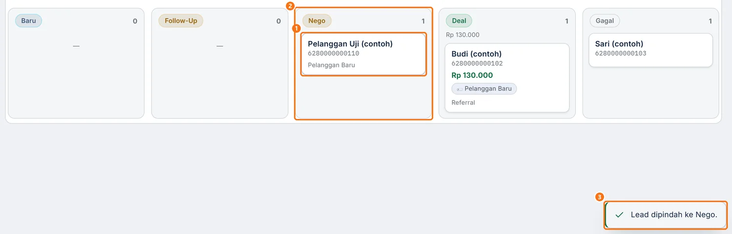 Kartu lead uji digeser dari Follow-up ke Nego, dengan notifikasi di atasnya