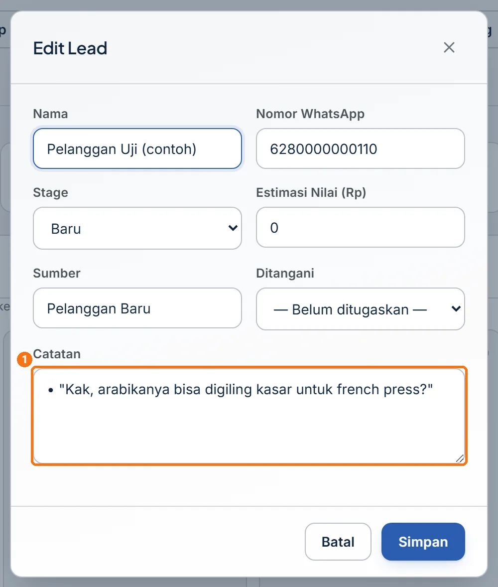 Jendela Edit Lead dengan Catatan berisi baris pesan masuk yang ditambahkan otomatis