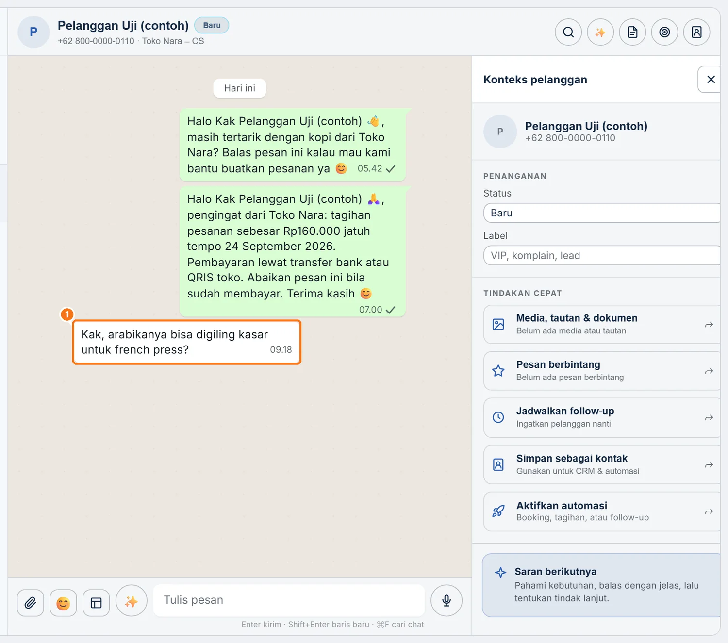Percakapan di Inbox berisi pesan masuk dari pelanggan