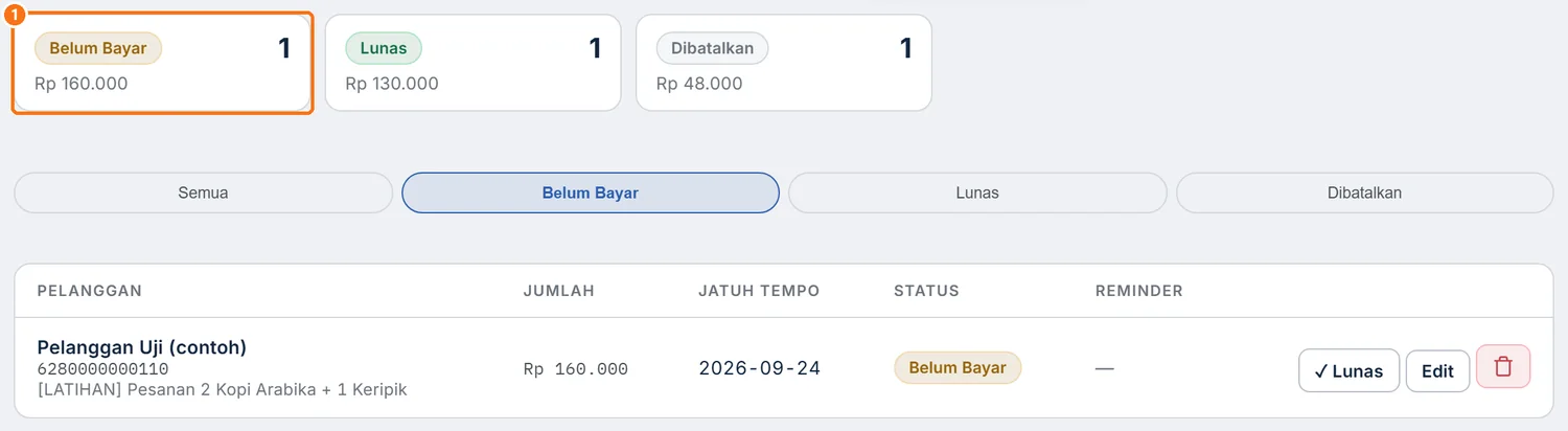 Kartu ringkasan Belum Bayar di atas tabel tagihan yang disaring Belum Bayar
