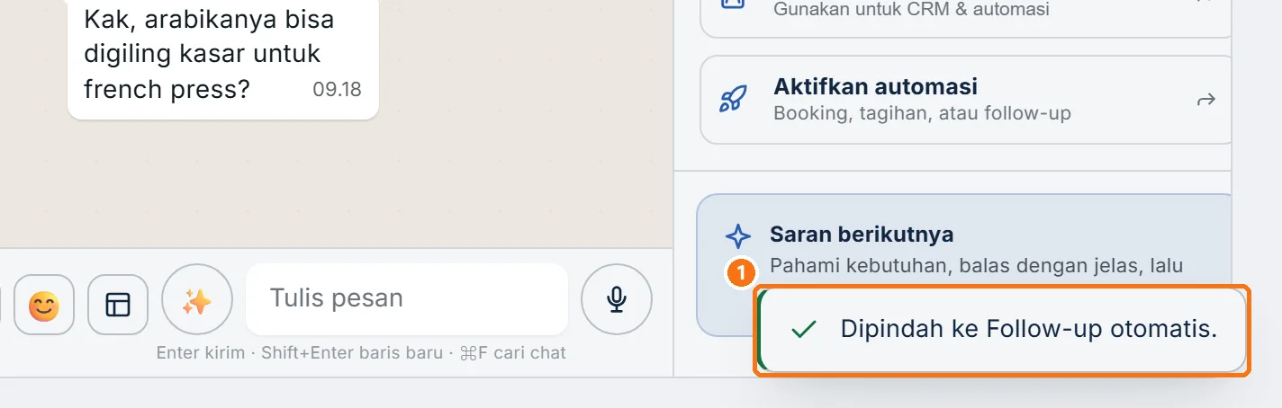 Notifikasi "Dipindah ke Follow-up otomatis." setelah ikon target diklik