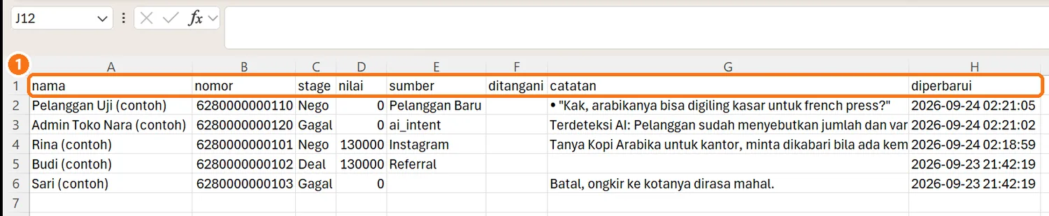 Berkas ekspor Leads dibuka di spreadsheet