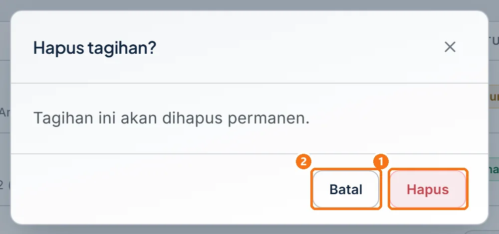 Dialog Hapus tagihan? dengan tombol Hapus dan Batal