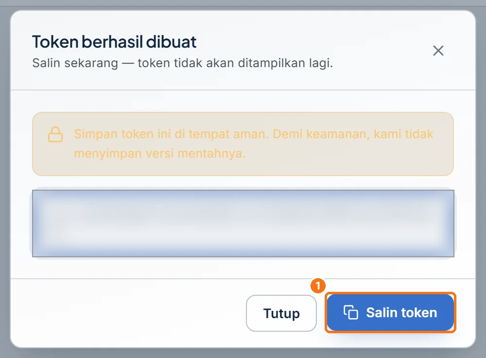 Jendela Token berhasil dibuat dengan tombol Salin token