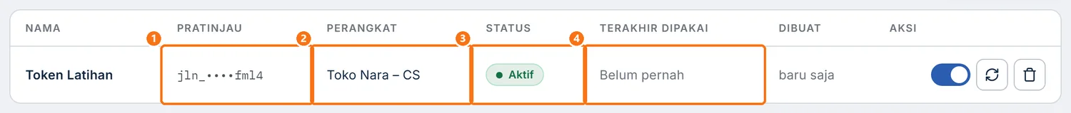 Baris token baru di tabel API Token