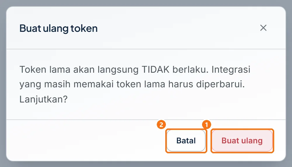 Dialog Buat ulang token dengan tombol Buat ulang dan Batal