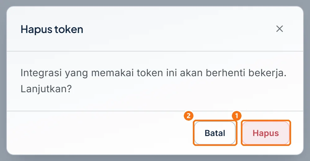 Dialog Hapus token dengan tombol Hapus dan Batal