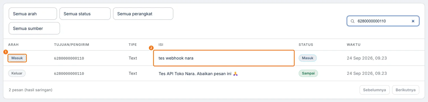 Log Pesan dengan baris Masuk berisi pesan uji tes webhook nara