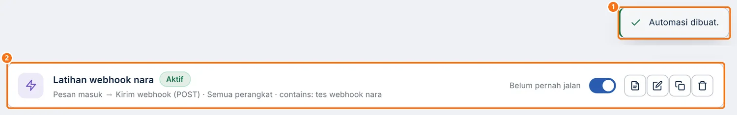 Notifikasi Automasi dibuat dan baris alur webhook di daftar alur