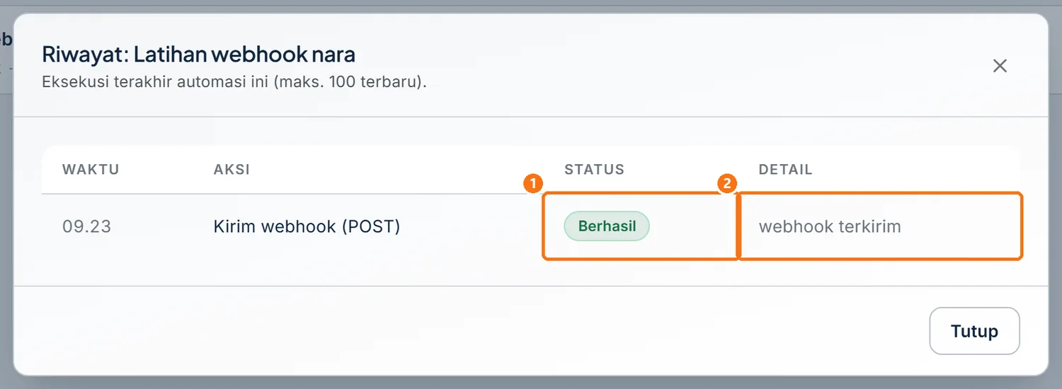 Riwayat eksekusi alur dengan webhook