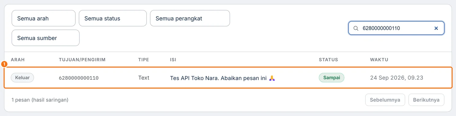Log Pesan menampilkan pesan uji keluar yang dikirim lewat API ke nomor tujuan