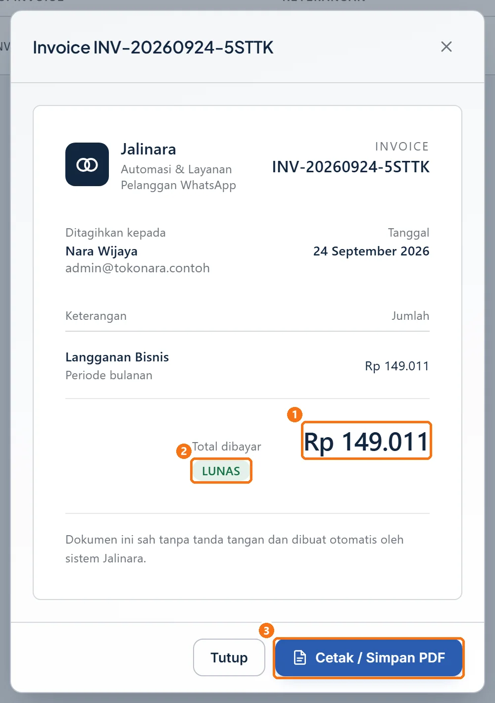 Jendela Invoice berisi dokumen bukti bayar