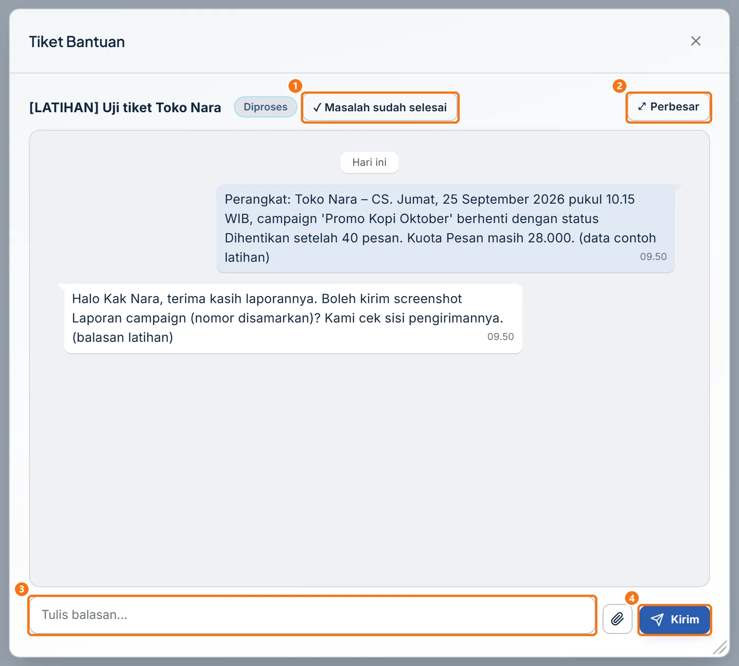 Percakapan tiket dengan balasan admin