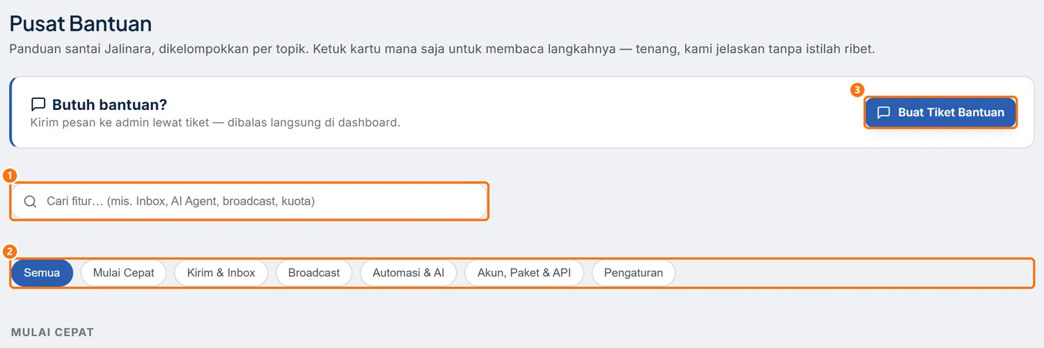 Halaman FAQ dengan kotak cari dan kategori