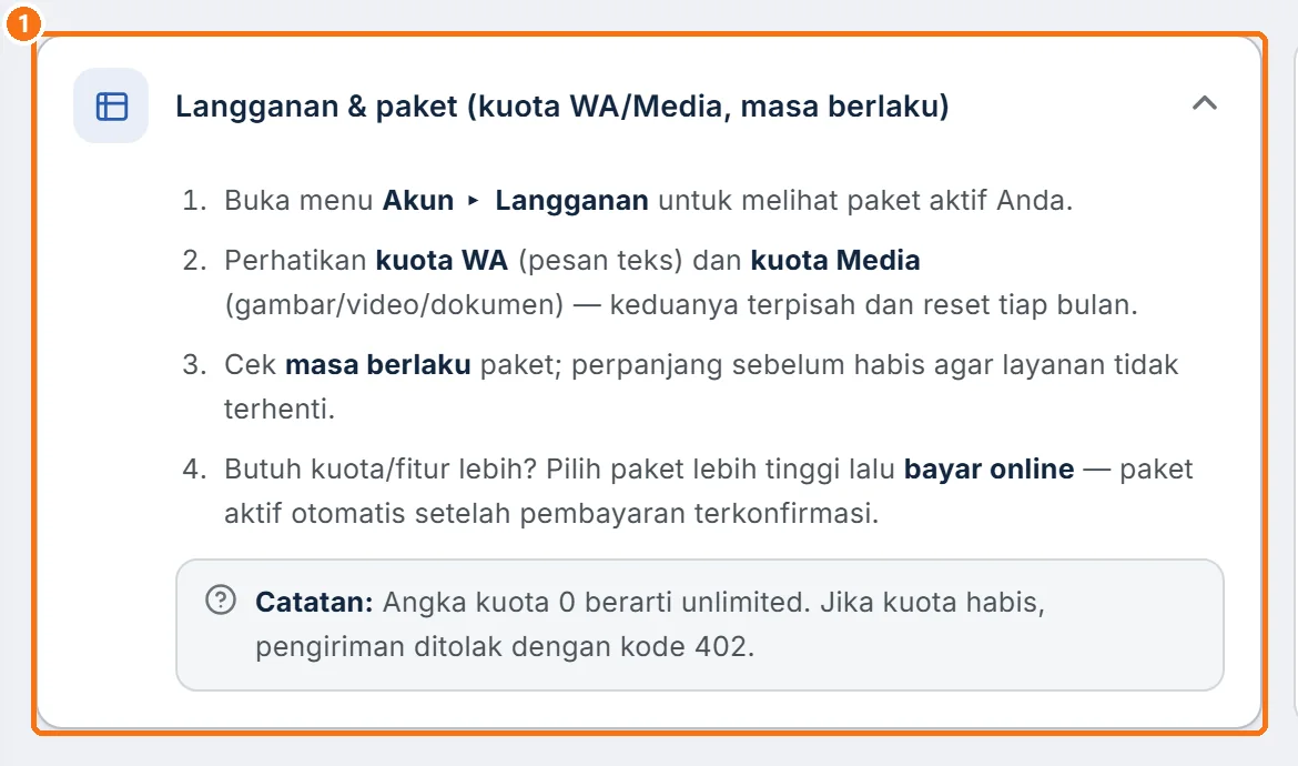 Satu kartu FAQ terbuka