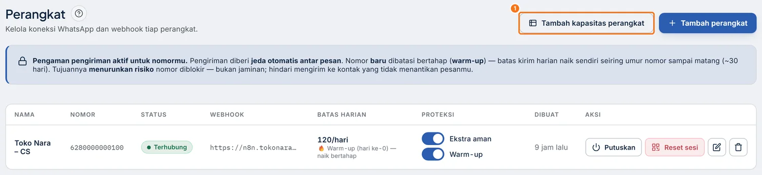 Tombol Tambah kapasitas perangkat di halaman Perangkat