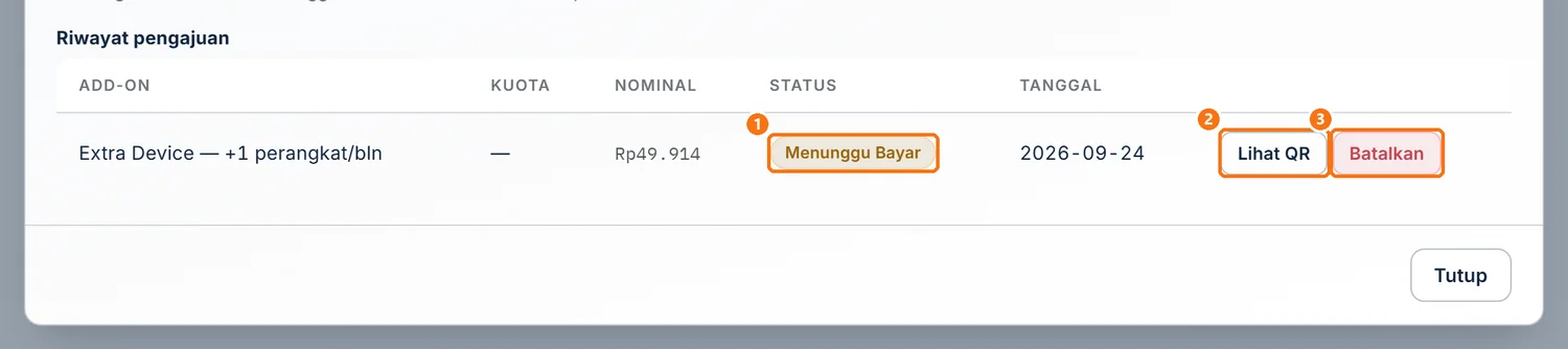 Riwayat pengajuan add-on dengan satu baris berstatus Menunggu bayar, tombol Lihat QR, dan tombol Batalkan