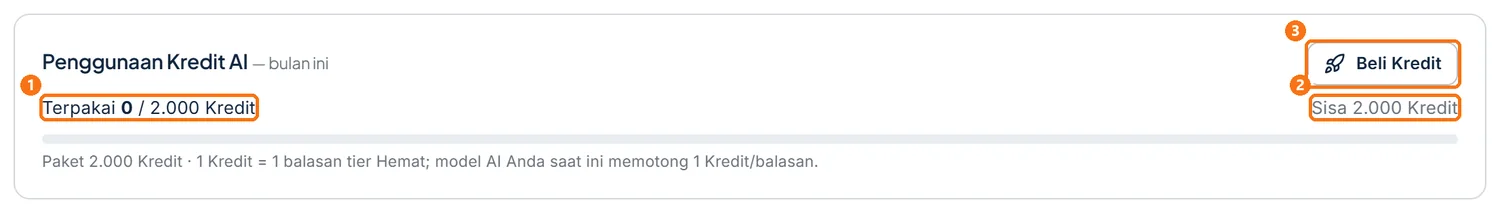 Kartu Penggunaan Kredit AI di Dashboard berisi angka terpakai, sisa, dan tombol Beli Kredit