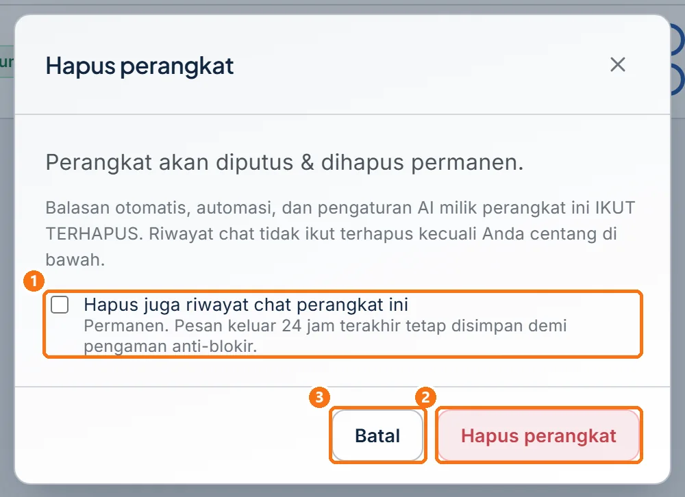Dialog Hapus perangkat dengan pilihan hapus riwayat chat