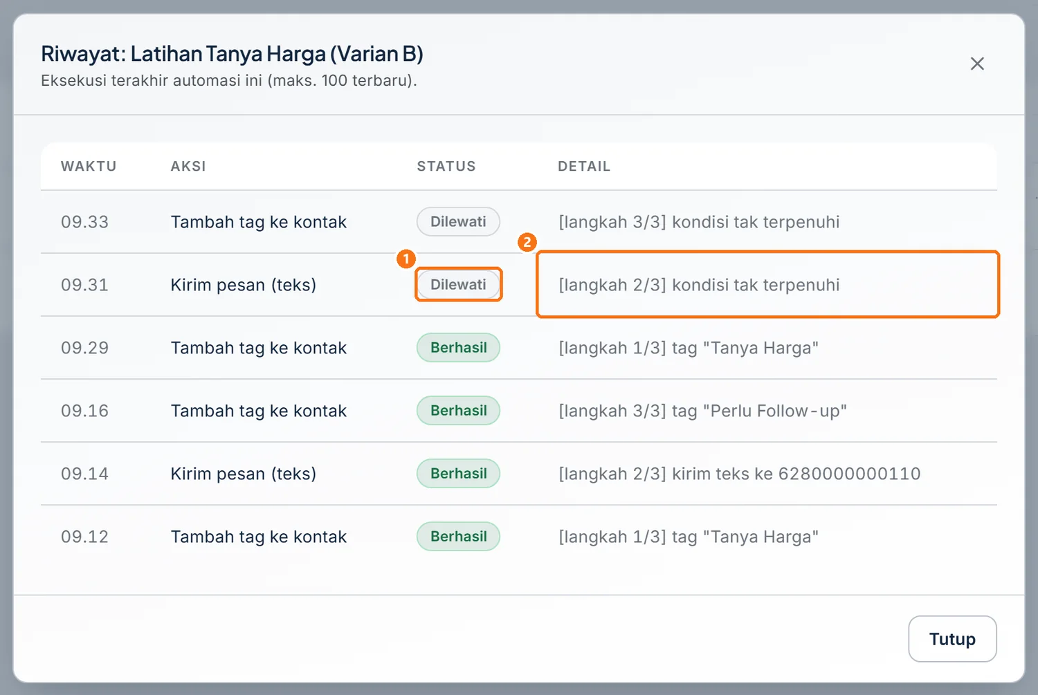 Jendela Riwayat eksekusi berisi baris Dilewati