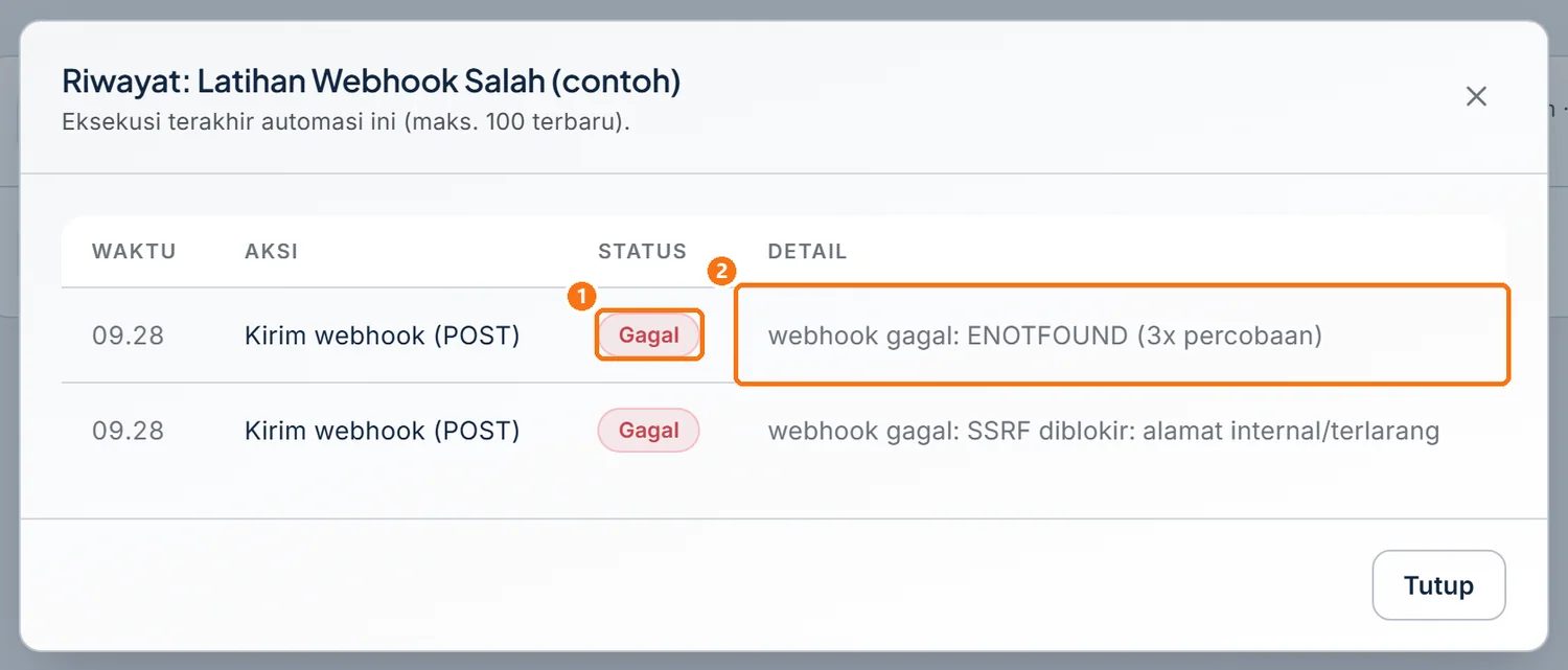 Jendela Riwayat eksekusi dengan baris webhook berstatus Gagal dan alasannya di kolom Detail (alamat pada gambar sengaja salah)