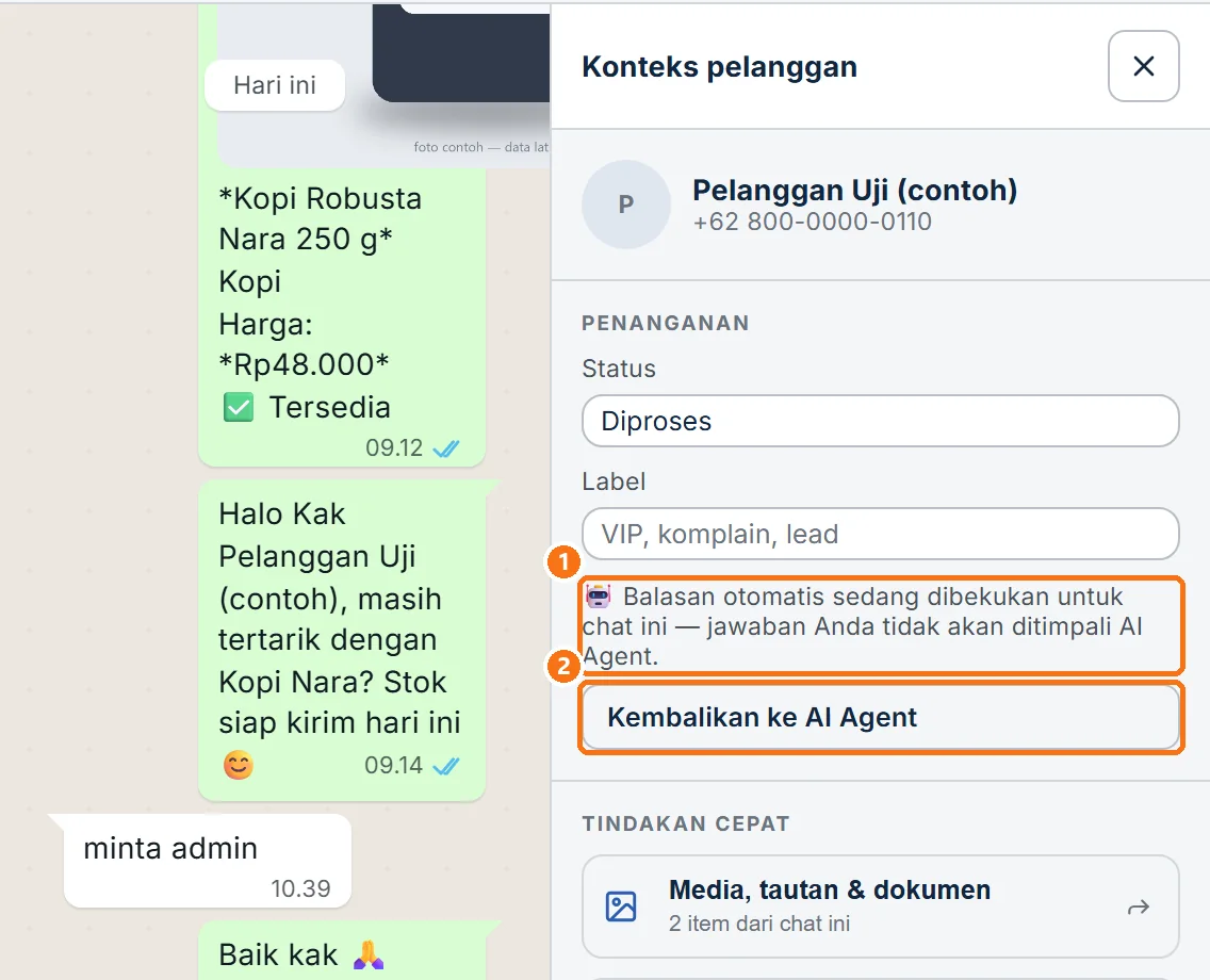 Chat berstatus AI Agent diam di Inbox
