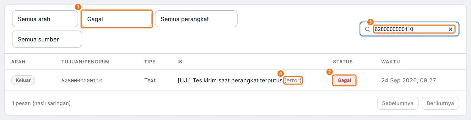Log Pesan disaring status Gagal, dengan tulisan (error) di kolom Isi