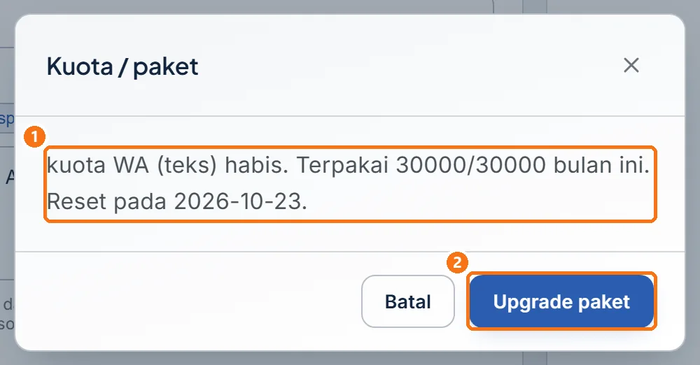 Jendela Kuota / paket berisi pesan penolakan kuota dan tombol Upgrade paket