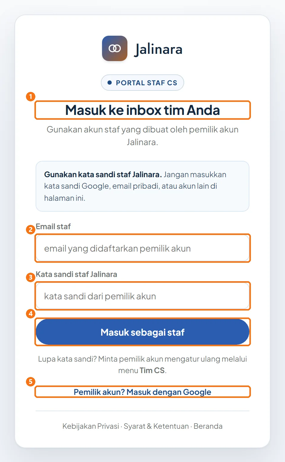 Halaman masuk staf CS
