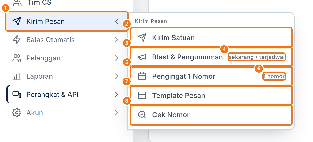 Kelompok menu Kirim Pesan terbuka di sidebar, dengan menu Kirim Satuan di dalamnya