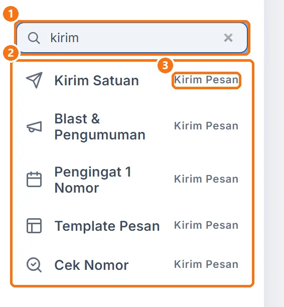Kotak Cari menu berisi kata kirim beserta hasilnya