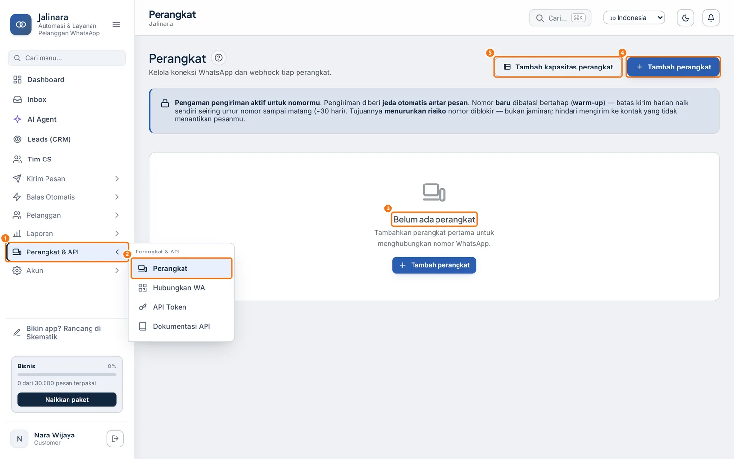 Halaman Perangkat sebelum ada perangkat, dengan menu Perangkat & API terbuka