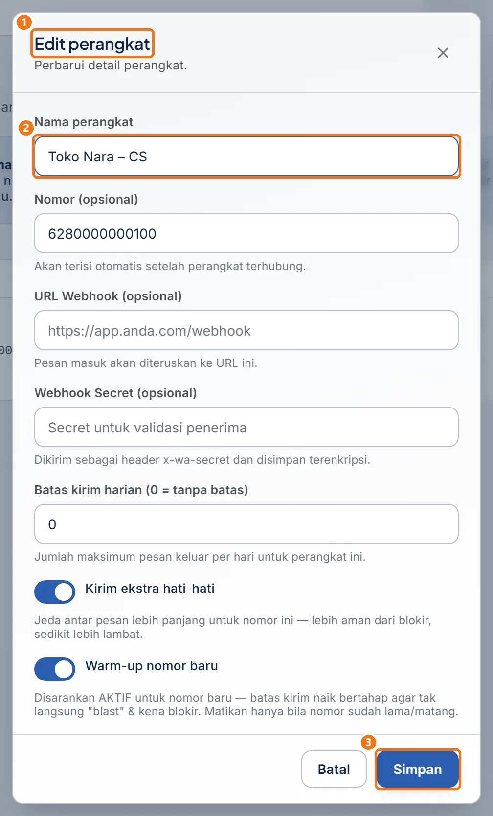 Jendela Edit perangkat untuk mengganti nama