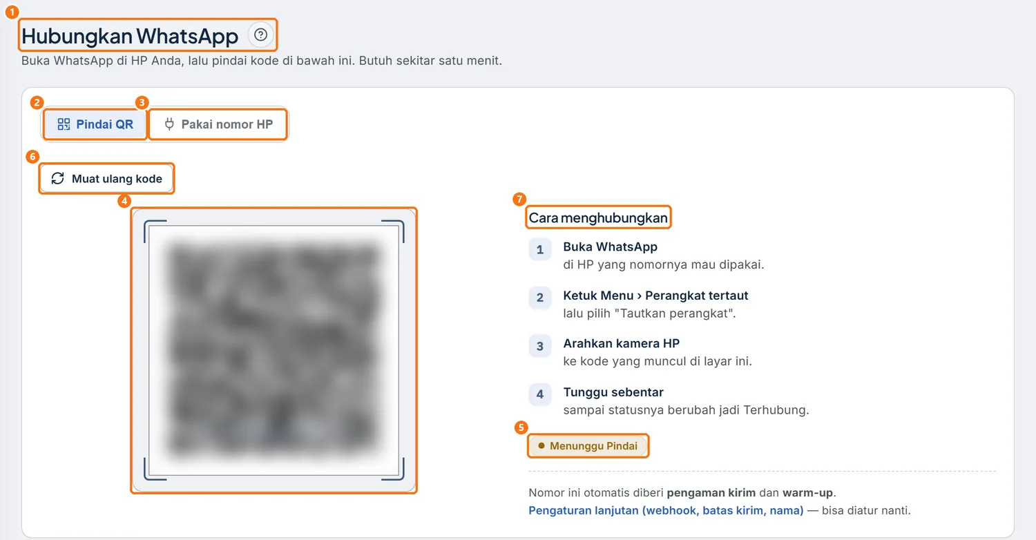 Halaman Hubungkan WhatsApp dengan tombol Muat ulang kode