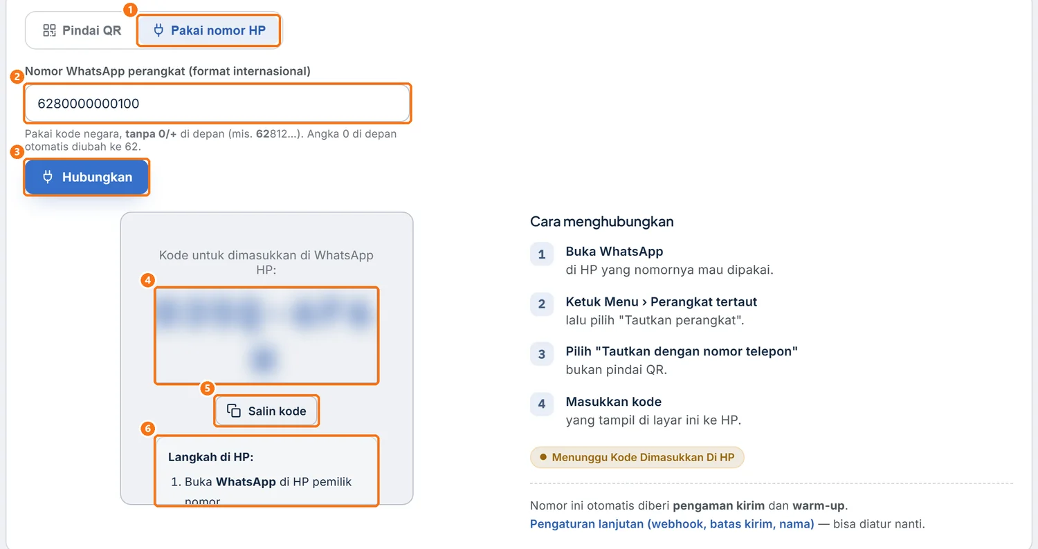 Tab Pakai nomor HP dengan kode pairing (nomor dan kode disamarkan)