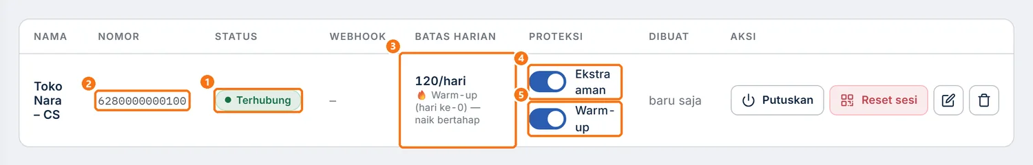 Halaman Perangkat dengan status Terhubung dan sakelar Proteksi