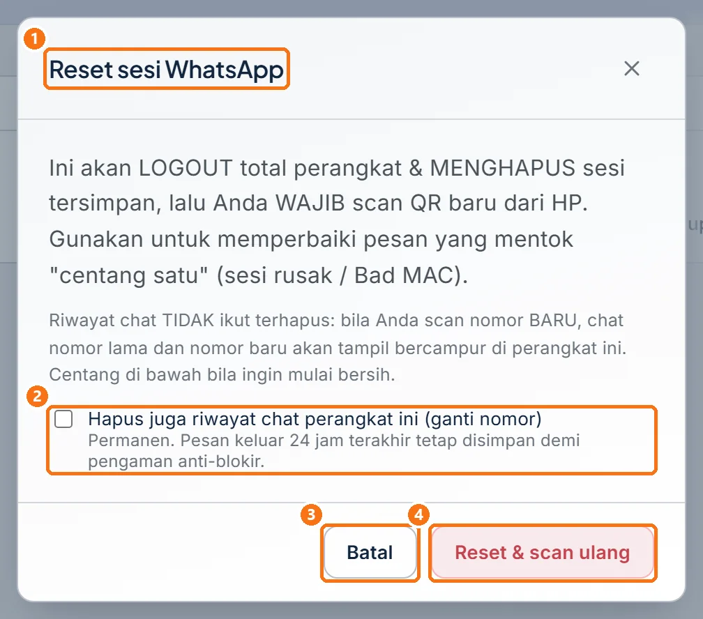 Dialog Reset sesi WhatsApp