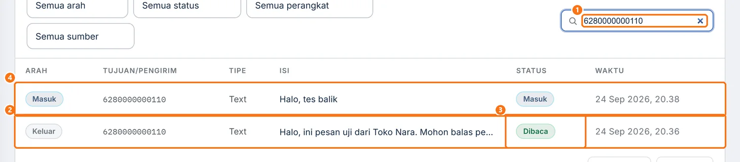 Log Pesan berisi pesan uji keluar dan balasan masuk