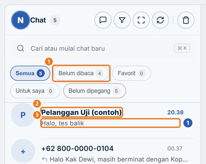 Daftar chat Inbox: chat penerima naik ke atas dengan cuplikan balasan dan terhitung Belum dibaca