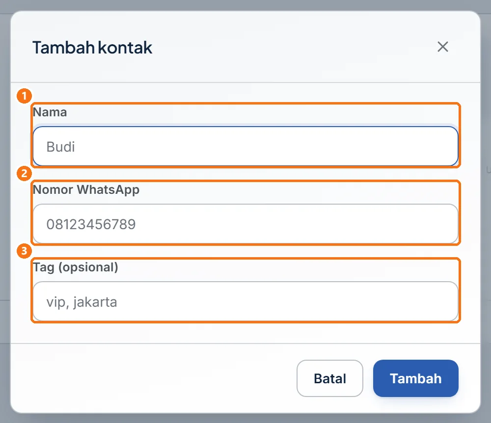 Jendela Tambah kontak dengan tiga kolom masih kosong
